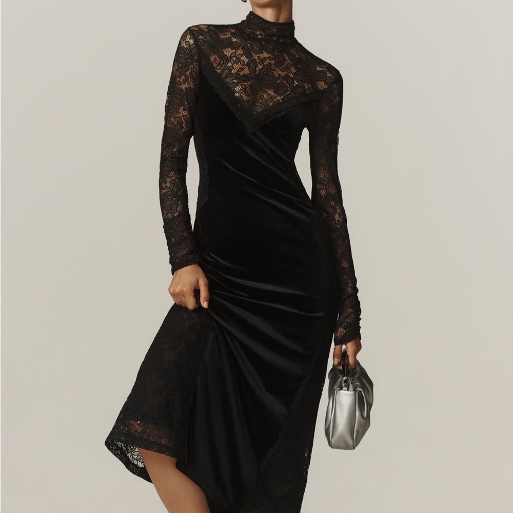 Anthropologie Long-Sleeve Mockneck Lace Velvet Slip Midi Dress